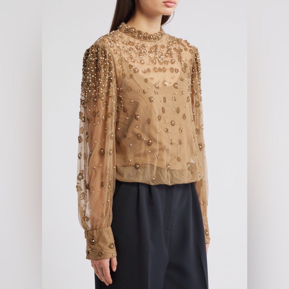 Farm Rio Embroidered Tulle Lined Blouse in Caramel - Picture 5 of 6